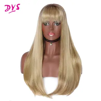 

Deyngs Ombre Long Kinky straight Wigs with Bangs Heat Resistant Synthetic for Women African American 24 inch