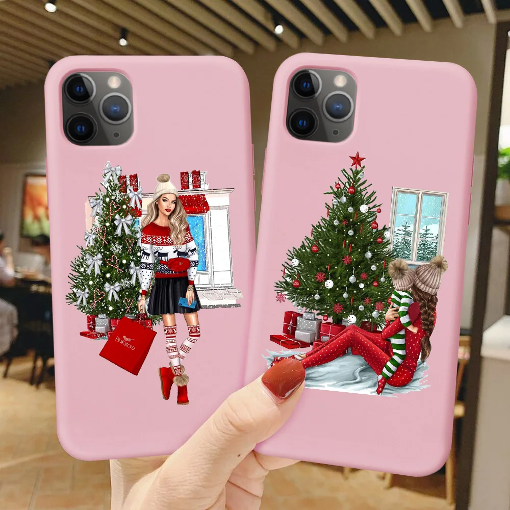 Модный Рождественский чехол для iPhone 12 MINI 11 Pro Max X XS XR 7 7Plus 8 8Plus Розовый матовый
