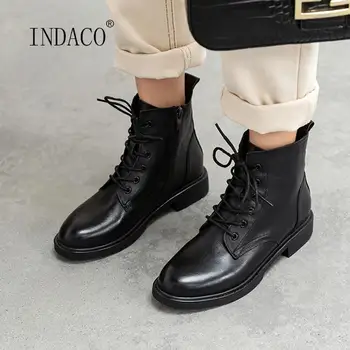 

Leather Boots Women Martins Thick Heel Cross Striped Ankle Boots For Women Warm Autumn Winter Boots Shoes Female