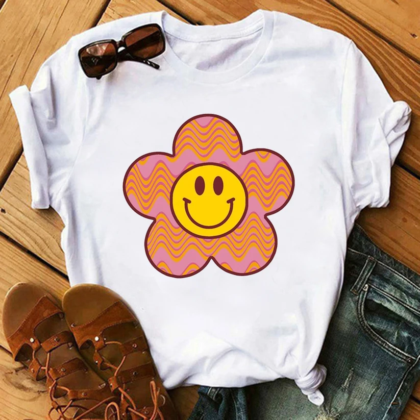 Smiley Print Oversized T-shirts for Women Harajuku Summer Short Sleeve Tshirt Sun Moon Printed T Shirt Women's Retro 90s Tops | Женская