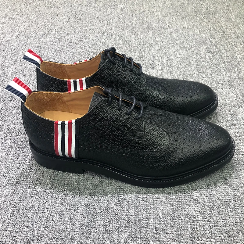 

TB THOM Shoes Fashion Brand Footwear Tricolor 6-bar Stripes Black Pebble Calfskin Long-wing Brogues Business TB Leather Shoes