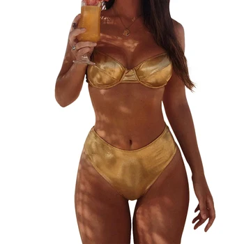 

Women Push-up Bikini Set Bandage Swimwear Padded Bra Steel Prop Bathing Swimsuit Vintage Gold Sexy Swimming Suit 2020 Summer