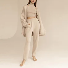 

Knitted Solid Women Cardigans Sets Turtleneck Sleeveless Pullovers with Loose Pants Suit 2021 Winter Elegant Ladies Set 3 Pieces