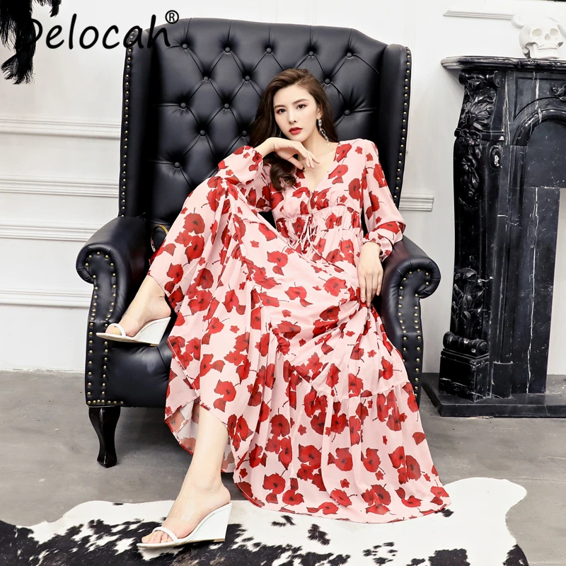 Delocah Women Autumn Dress Runway Fashion Sexy Deep V-neck Floral Print Back Zipper High Waist Elegant Casual Holiday Long Dress