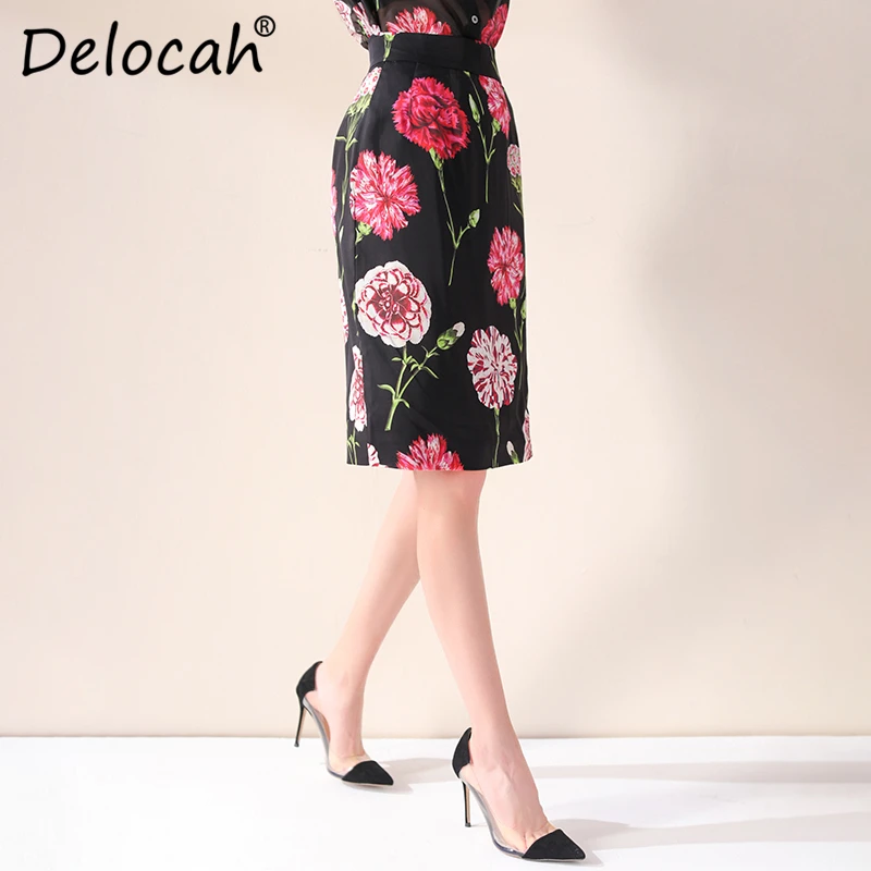 Delocah 2019 Autumn Winter Women Skirt Runway Fashion Designer Carnation Printed 100% Silk Elegant Slim Lady Knee-Length Skirts