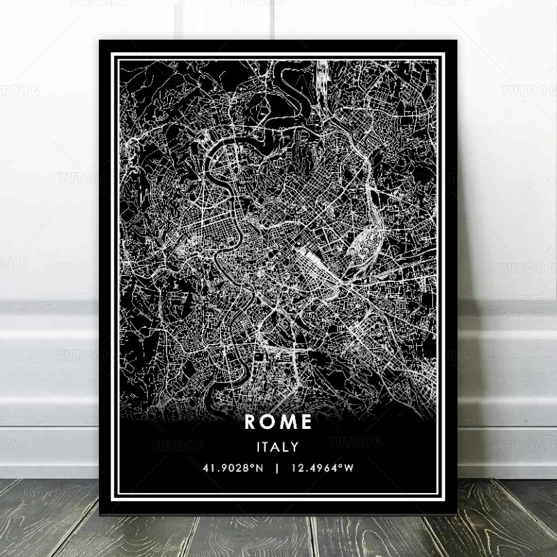 Black and White World City Map ROME Wall Art Canvas Poster Prints