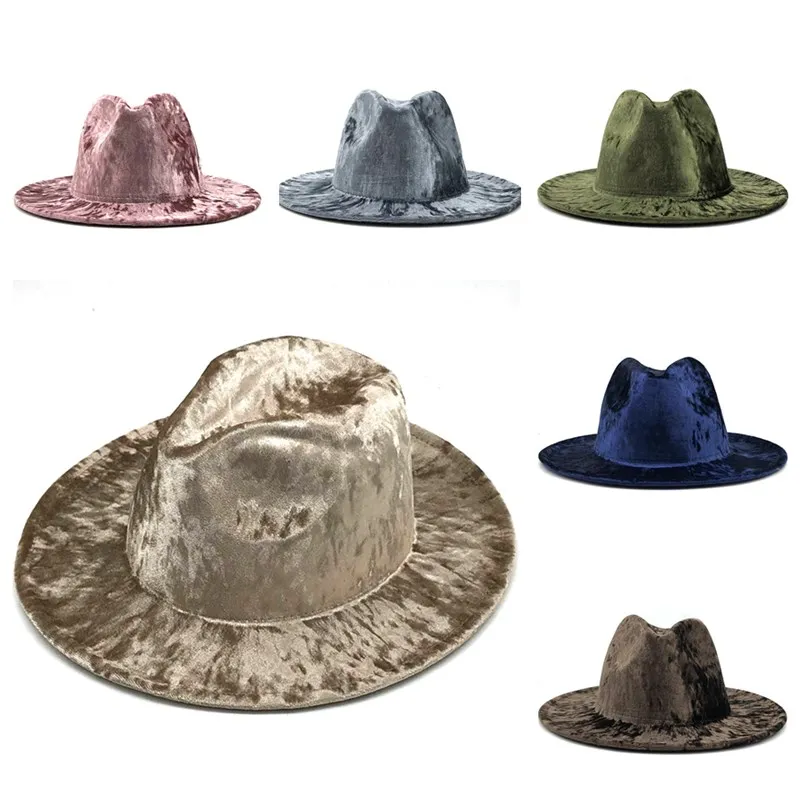 

Men Fedoras Solid color Jazz Hats Golden Velvet Cowboy Hat For Women Winter Warm Cap White Black Bowler Hat Wholesale 2020