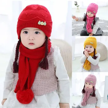 

Baby Hats 2Pcs Toddler Baby Girls Boys Cartoon Winter Knitted Cap+Scarf Keep Warm Set Newborn Photography Props bonnet enfant
