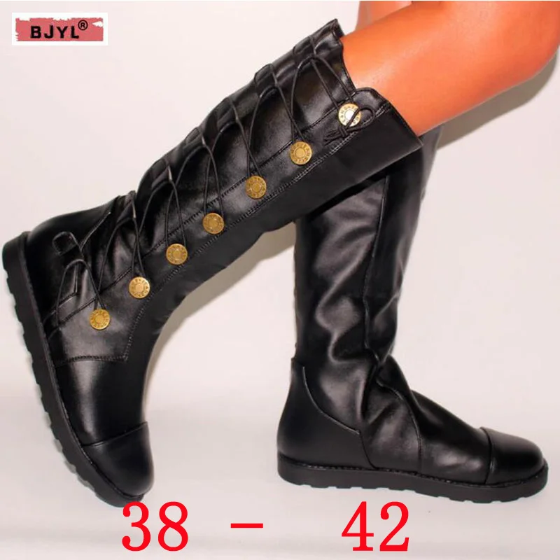 

BJYL New Type of Women's Boots Cross-lace Metal Button Stitching High-boot Roman Boots Martin Boots Sports Leisure Snow Boots