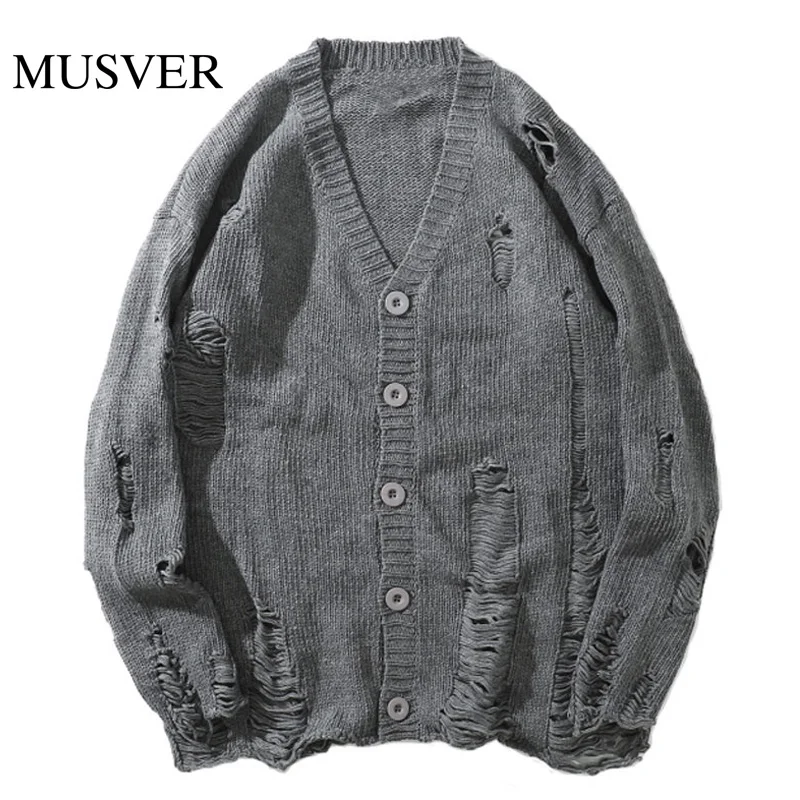 

MUSVER Ripped Buttoned Cardigan Sweater Men 2017 Fashion Winter Oversized High Street Solid Knitted Pullovers Male Sweaters