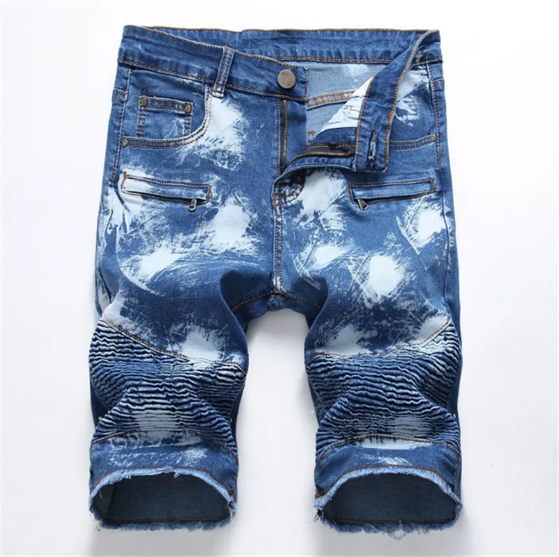 

New Men Moto&Biker Short Jeans European and American Style Summer Graffiti Print Pleated Skinny Elastic Zippers Denim Shorts