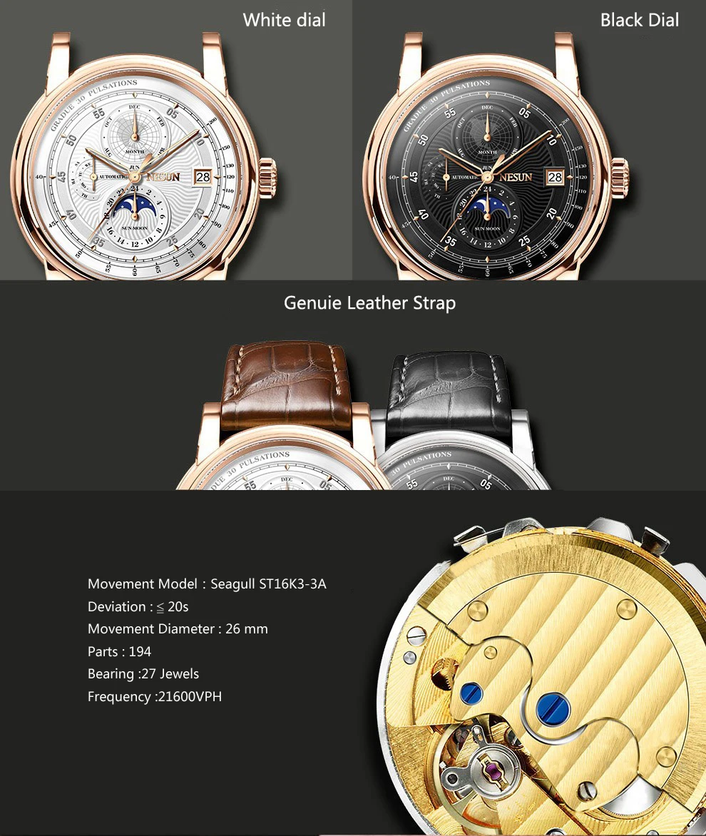 Швейцария NESUN мужской роскошный бренд часов Moon Phase авто механические мужские наручные часы Сапфировая кожа Relogio часы N9022-3