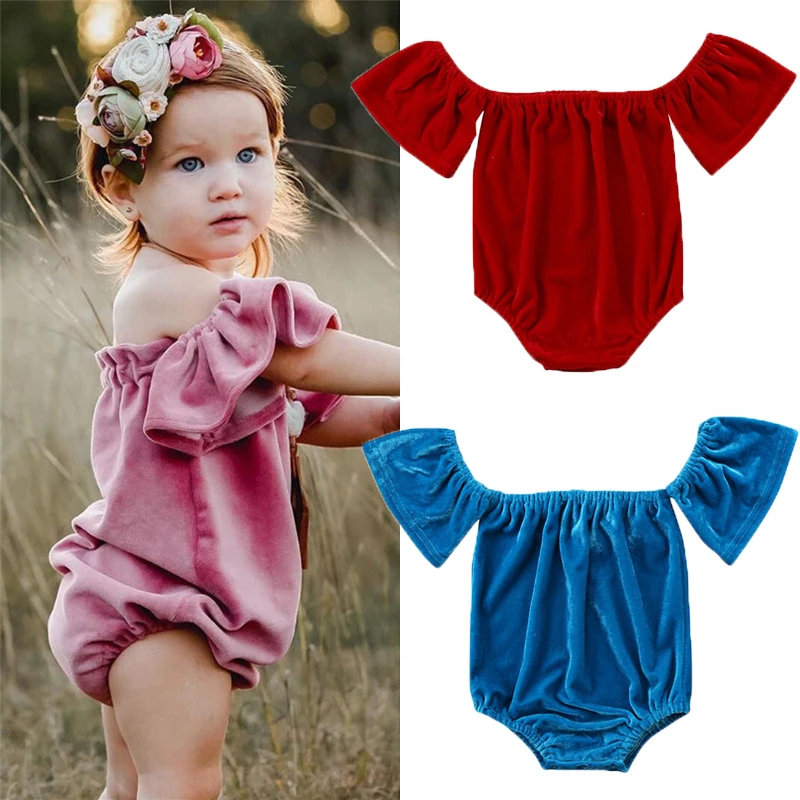 

Cute Newborn Baby Girls Off Shoulder Short Sleeve Bodysuit Sunsuit High Quality Velvet Outfits Set Clothes