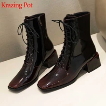 Krazing pot/элегантные женские сапоги до середины икры из лакированной кожи с квадратным носком на среднем каблуке, градиентного цвета, на шнуровке, на высоком каблуке, L30