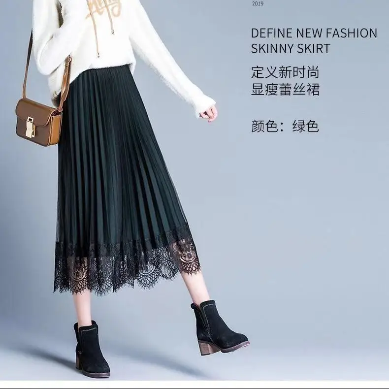 Winter new style double-sided wearing mesh pleated skirt skirt female Korean version of the long A-line skirt