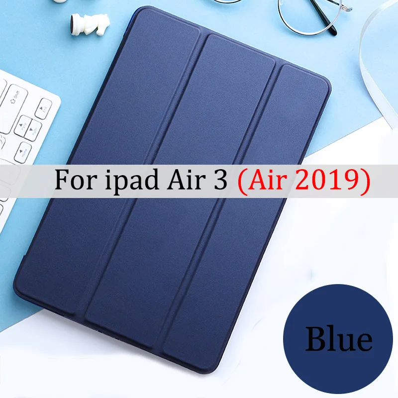 Tablet case for Apple ipad Pro 9.7" 10.5" Leather Smart Sleep wake funda Trifold Stand Solid cover for Air 1 2 3 - Цвет: blue for Air 3