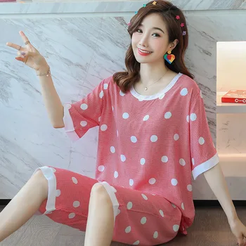 

Korean-Style Silk Pajamas Female Summer Thin Section Short Sleeved Shorts Artificial Cotton Loose Tracksuit Cotton Silk Two-Piec