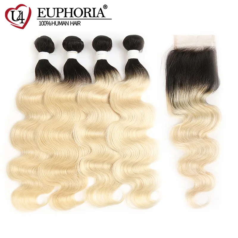 EUPHORIA Ombre Black Brazilian Body Wave Human Hair Bundles With Closure Platinum Blonde Remy Hair Extension With Lace Closures