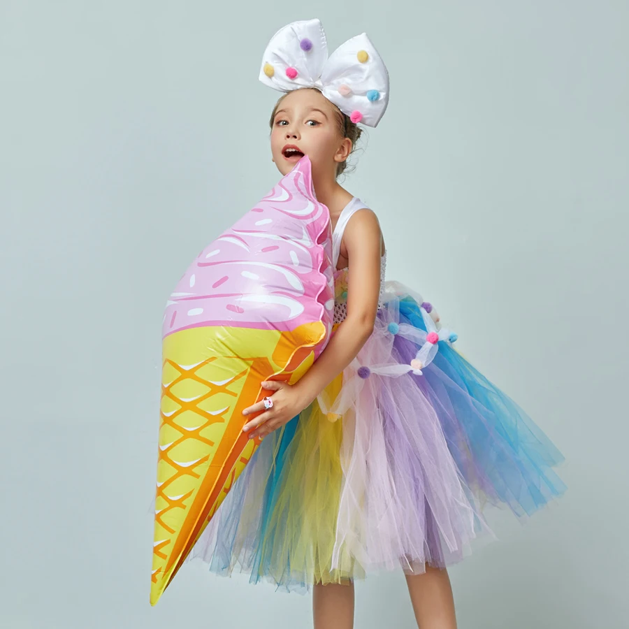Ice Cream Applique Girls Tutu Dress with Bow Pom-pom Design Kids Sweet Birthday Party Holiday Tulle Dress Children Food Costume (7)