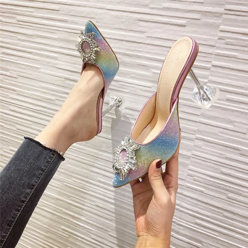 

2020 Summer New Women Glitter Crystal Clear High Heels Slippers Mules Lady Bing Rainbow Candy Color Beach Slippers Party Shoes