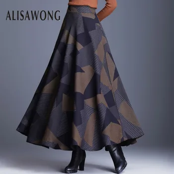 

2019 New Autumn Winter Skirt Women Vintage High Waist Plus Size Long Skirts Ladies Fashion Geometric Pattern Faux Wool Skirt