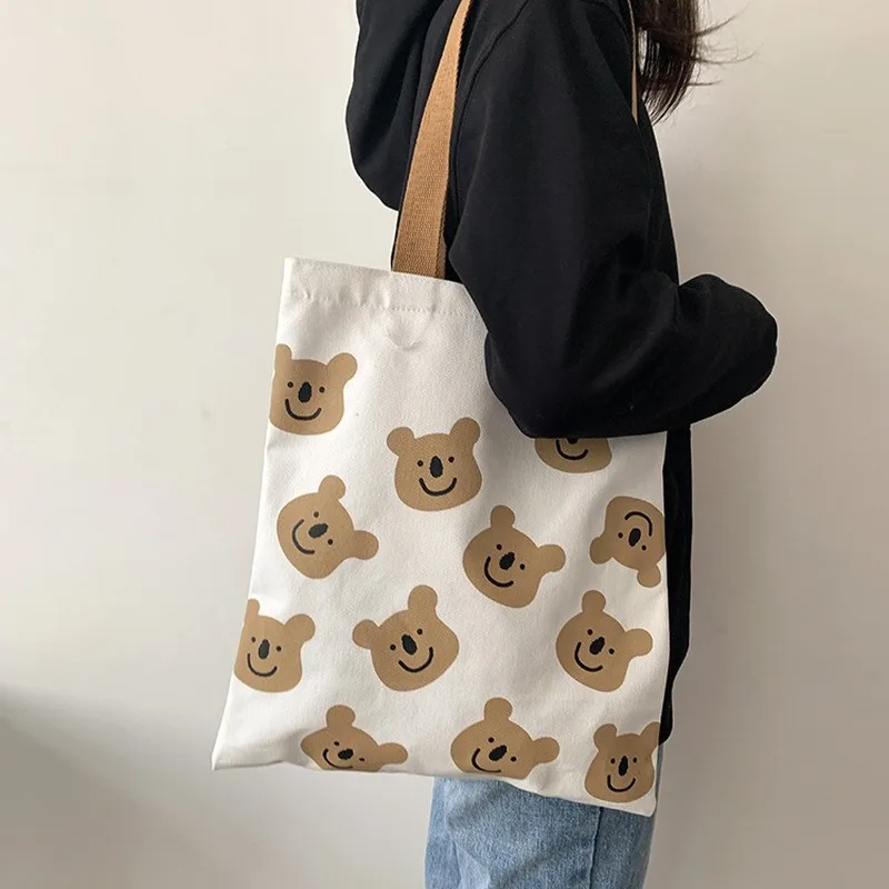 Shoulder-Bag Tote Female Handbags Canvas White Cartoon-Bear Beach Women Ladies for Girl