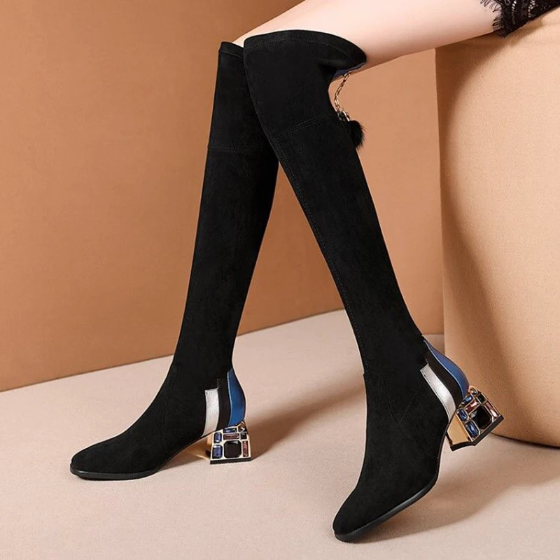 

lucyever elegant ladies crystal high heels over the knee boots women winter 2019 back zipper fur tassel long boots shoes woman