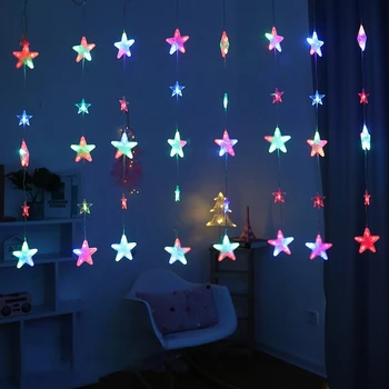 

LED Star Curtain String Lights Garland Christmas Ornaments 220V Plug in 8 Flashing Modes Wedding Christmas Decorations for Home