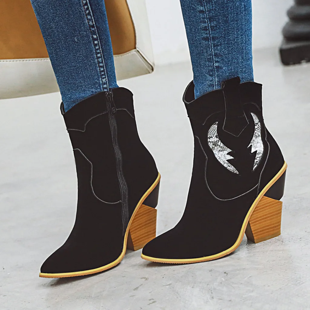 Женские ботинки в винтажном стиле; обувь с острым носком на квадратном каблуке; ковбойские сапоги до середины голени с боковой молнией в ковбойском стиле; chaussures femme
