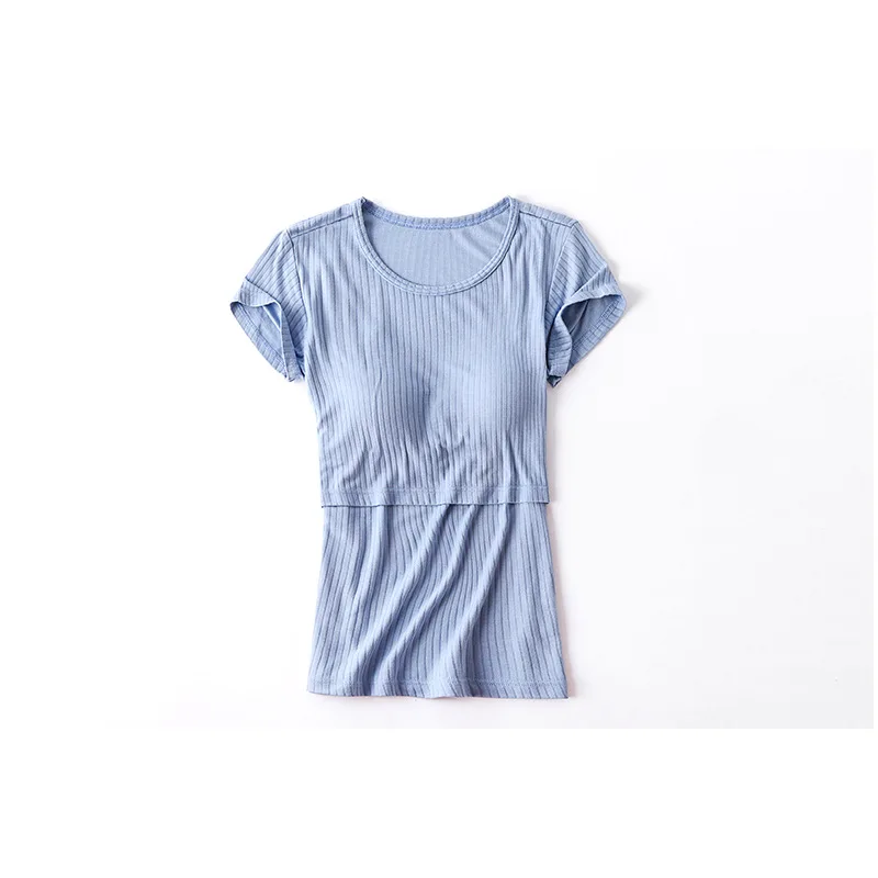 

New Style Modal Pit Stripes Lift-style Short Sleeve Nursing Shirt Casual Wear Free Bra Solid Color T-shirt Maternity Clothes