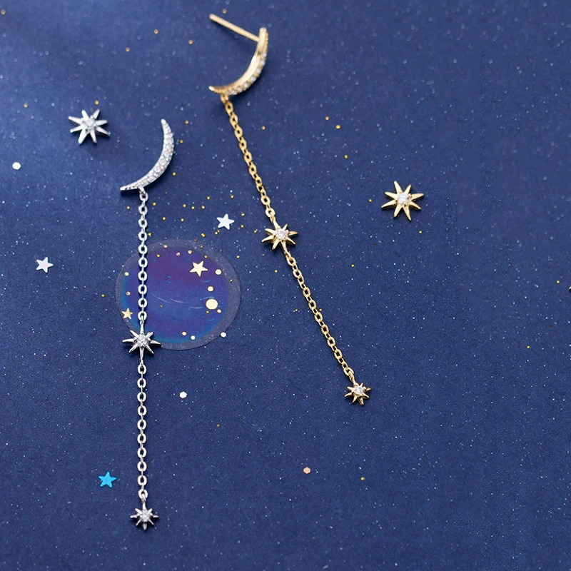 

925 Sterling Silver Asymmetrical Star Stud Earring Cubic Zirconia For Women Girls Fashion Party jewelry Oorbellen Brincos 2019