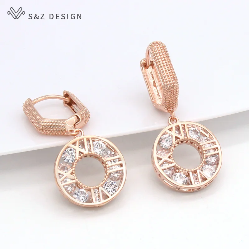 S&Z DESIGN New Round Square Vintage Roman Numerals Dangle Earrings For Women Wedding 585 Rose Gold Color Zirconia Jewelry