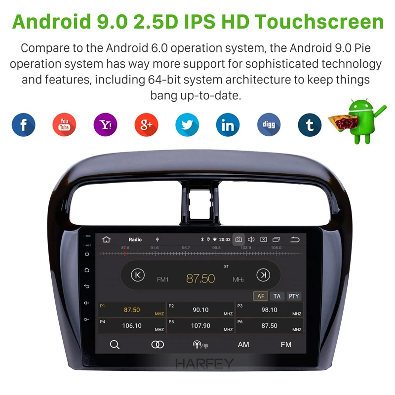 Best Harfey 9inch 1Din Android 9.0 Car Radio For Mitsubishi Mirage 2012-2018 Touchscreen Multimedia Player Head Unit With Wifi 1