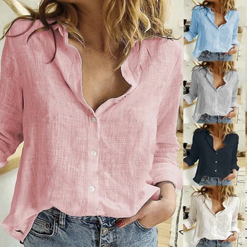 

2020 Womens Blouses Spring Cotton Linen Shirt Leisure Pink Shirts Button V Neck Cardigan Top Loose Long Sleeve Tops Blusas 5XL
