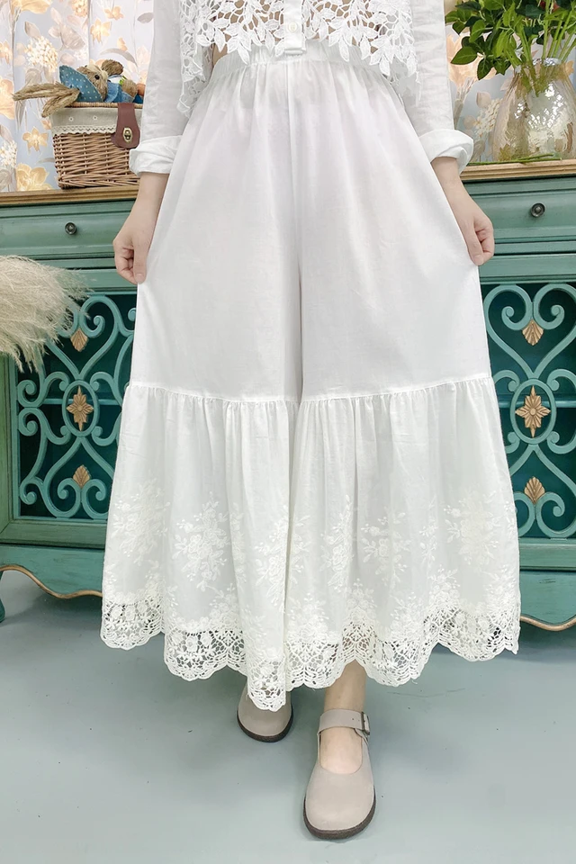 2021 Spring Women Pants Mori Girl Fresh Waist Cotton Loose Lace