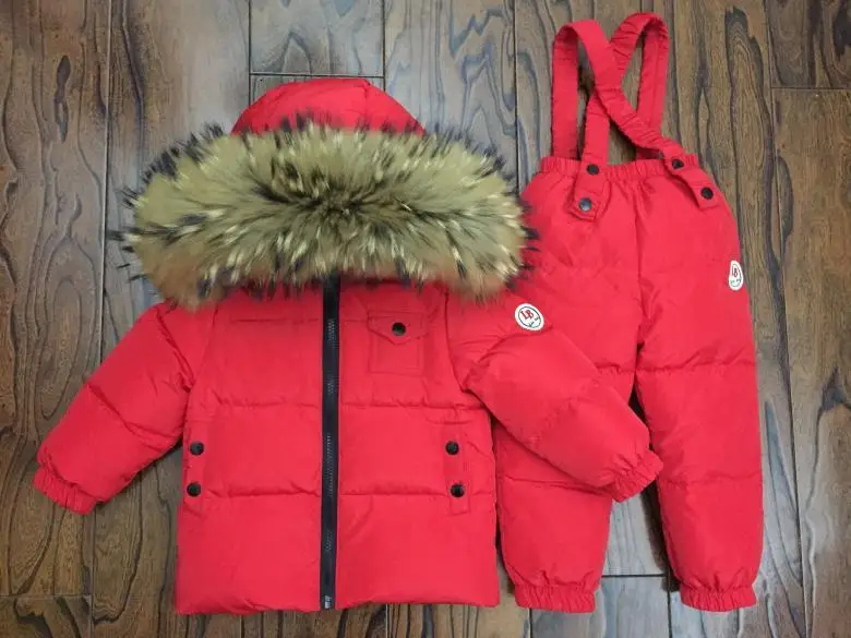 Детский лыжный костюм для маленьких мальчиков на русскую зиму Детская куртка на утином пуху для девочек, пальто, комбинезоны теплая куртка и штаны комплект из 2 предметов - Цвет: reddish (mink hair)