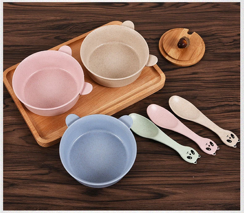 

2pcs/set Baby Feeding Food Tableware Panda Rabbit Kids Bowl Dishes Bowl+Spoon wheat Natural Material Dinnerware Set Wholesale