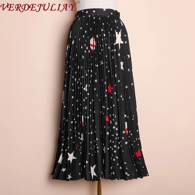 VERDEJULIAY, весна, новинка, подиумная, со звездами, с принтом, плиссированные юбки, для женщин, высокого класса, драпированные, для офиса, для девушек, ампир, до середины икры, юбка