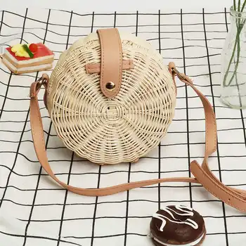 

Handmade Woven Rattan Straw Bag Round Beach Shoulder Bags Handbag Hand Woven Summer Messenger Crossbody