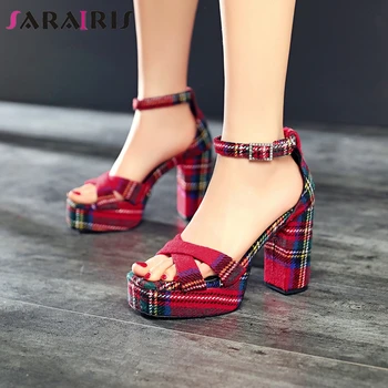 

SaraIris Brand Party mixed-color Sandals Women High Heels Gingham Sandals Ladies Summer Comfy Real Leather Insole Shoes