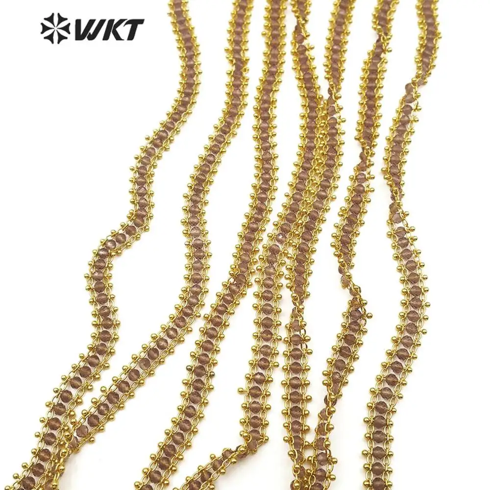 WT-RBC121 Natural Stone Chain Brown Stone Beads With Gold Electroplated Chain 3MM Beads Rosary Chain 10 meters For Jewel Making