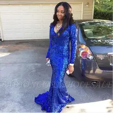 Sexy African Black Girls Royal Blue Prom Dresses Long Sleeve V Neck Evening Mermaid Dress Sequin Party Dress Plus Size