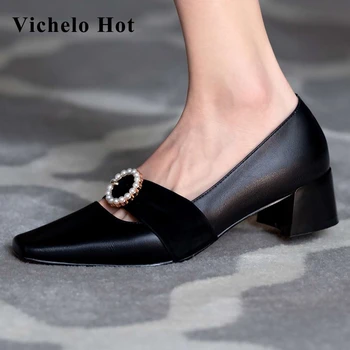 

Vichelo Hot 2020 new fashion natural leather square toe med heel pearl metal decoration elegant lady streetwear women pumps L21