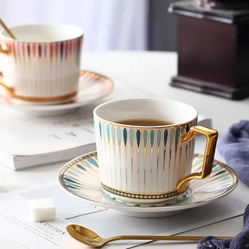 

Nordic Geometric Pattern Ceramic Coffee Mug Simple Luxury Office Afternoon Tea Black Tea Instant Drink Cup Saucer Set Gift Box