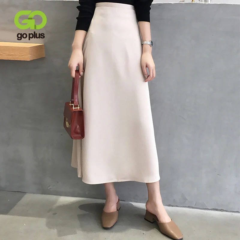 

GOPLUS Spring Black Skirt Korean Style Vintage Solid Hight Waist A-line Mid-calf Long Skirts Women Cloth Ropa Mujer Jupe Femme