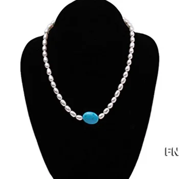 

Women Blue Turquoise Necklace Classical 7-8mm Natural White Oval Natural Freshwater Pearl with Turquoise Necklaces