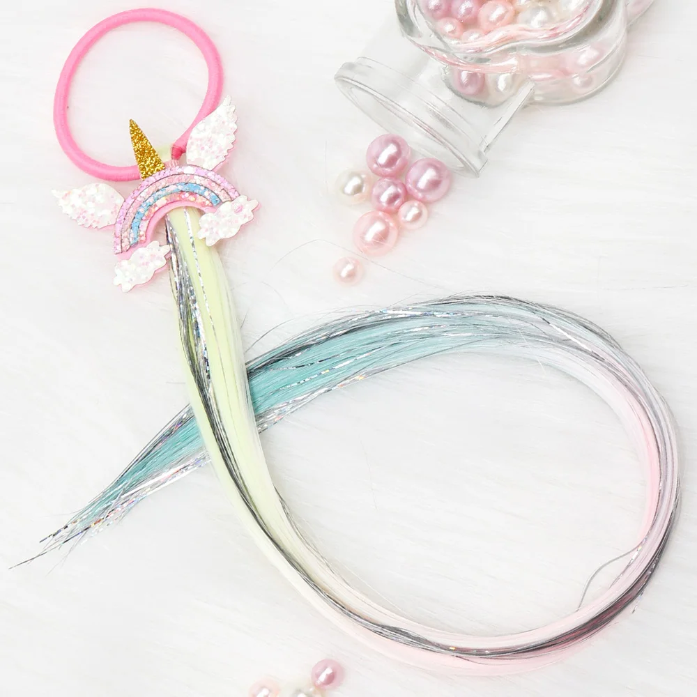 CN 6 Pcs/lots Unicorn Elastic Hair Bands With Long Wig For Girls Kids Cartoon Glitter Rainbow Ponytail Holder Hair Accessories - Цвет: As the picture