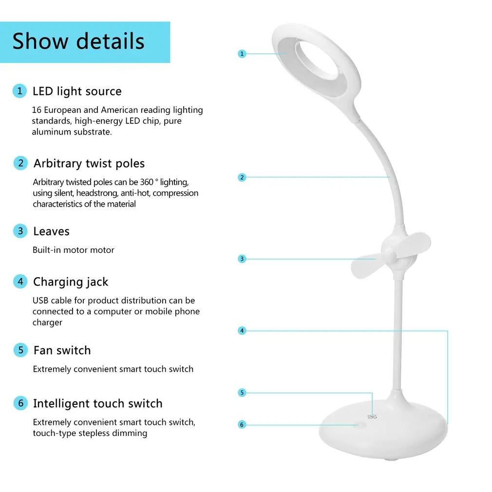 Сенсорный выключатель высокого Яркость встроенный Перезаряжаемые Батарея для защиты глаз 360 Вращающийся led освещение для стола Светодиодная лампа с вентилятором