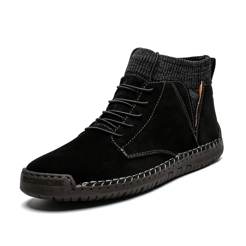 Теплые зимние мужские ботинки Водонепроницаемая замшевая рабочая обувь мужские плюшевые ботильоны на шнуровке мужская обувь на меху высокого качества HX-182 - Color: Black