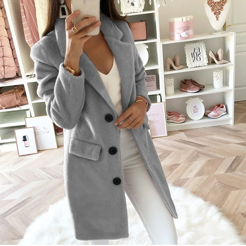Большие размеры 5XL, тонкое однобортное шерстяное пальто для офиса, зимнее шерстяное длинное пальто для женщин, модное пальто, куртка, уличная одежда G1109 - Цвет: Gray